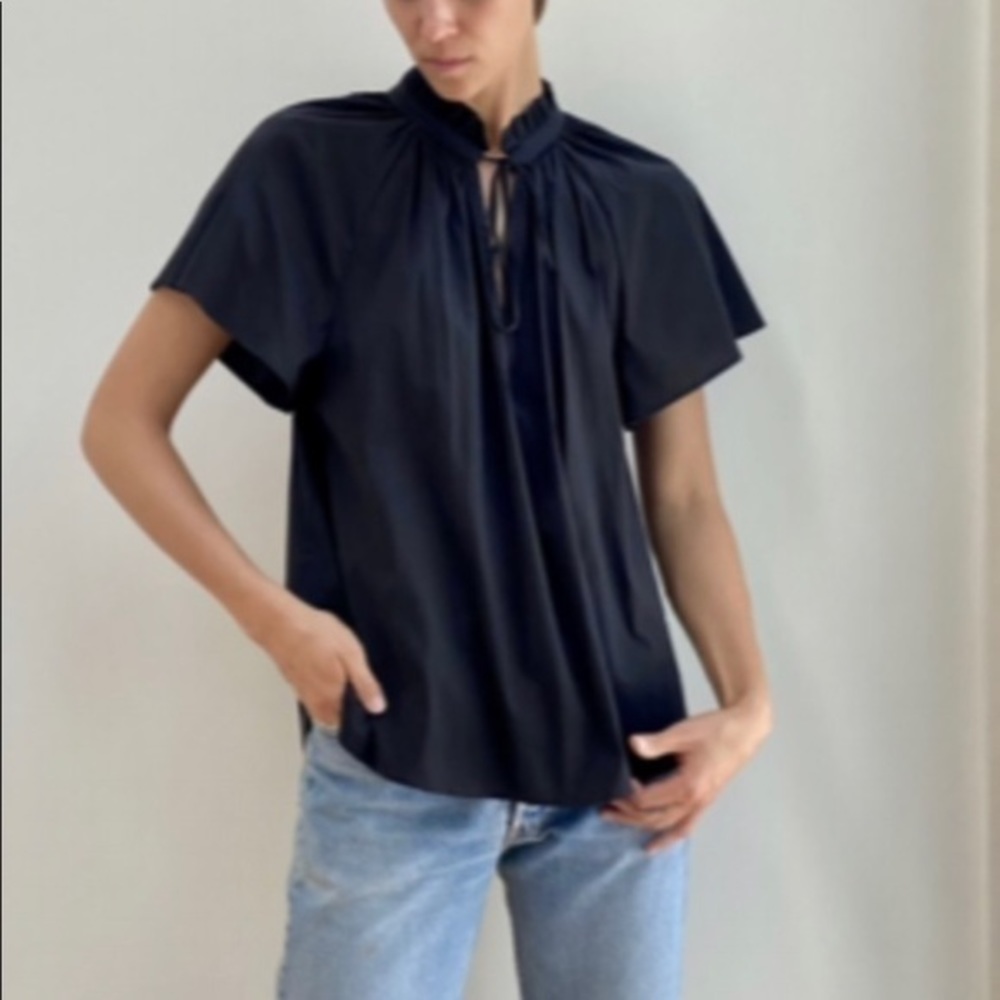 Gibson look navy blue blouse with flutter sleeves